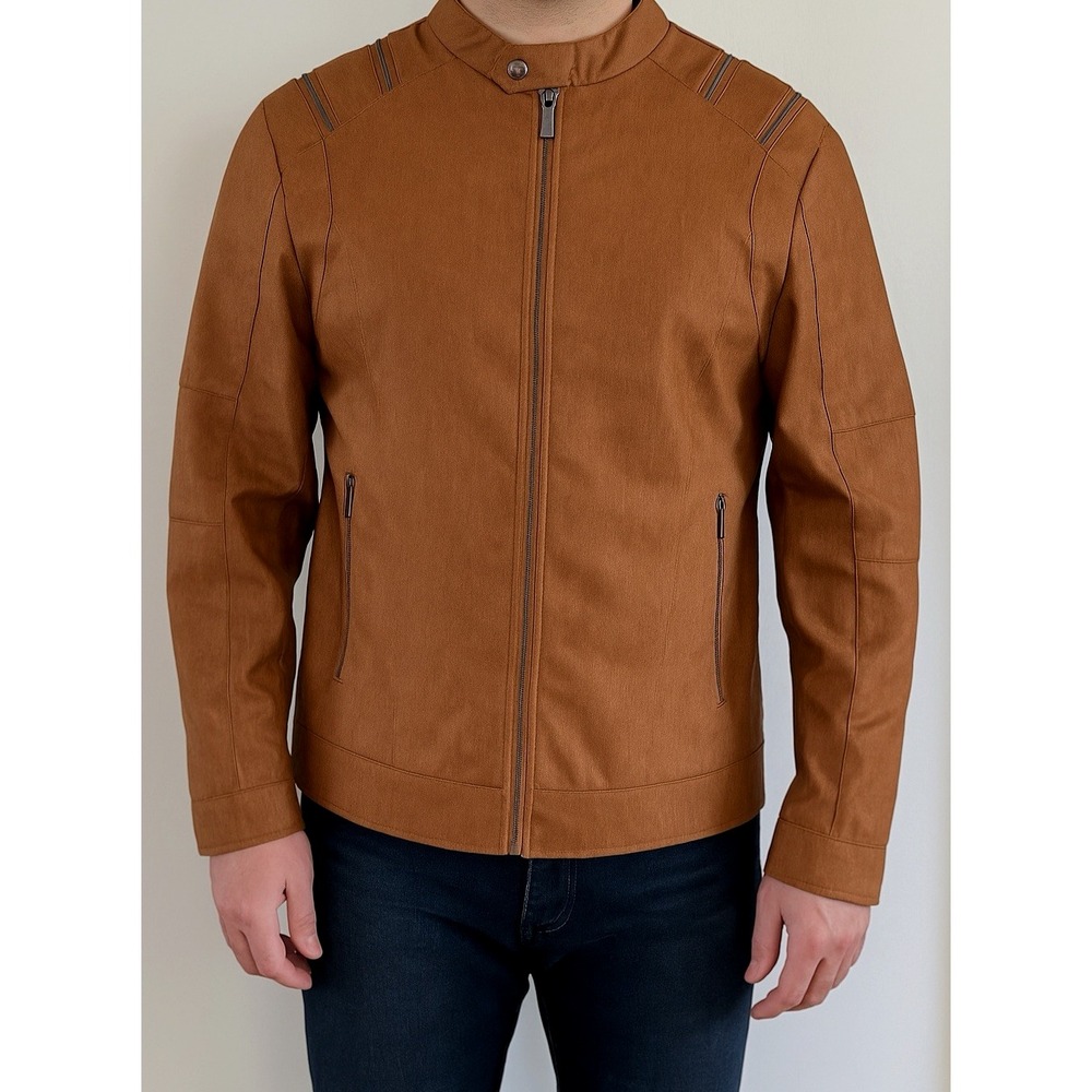Riot Empire Mens Faux Leather Biker Jacket Brown Textured Moto Coat Small